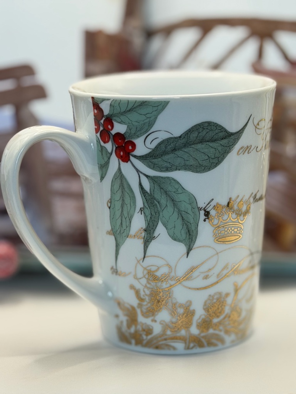 Fringe Studio White Porcelain Mug with Gold, Red and Green Bird Motif